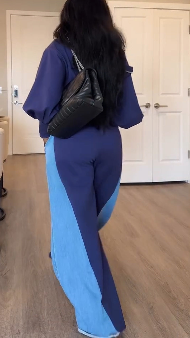 Ladies Collar Splicing Denim Casual Set