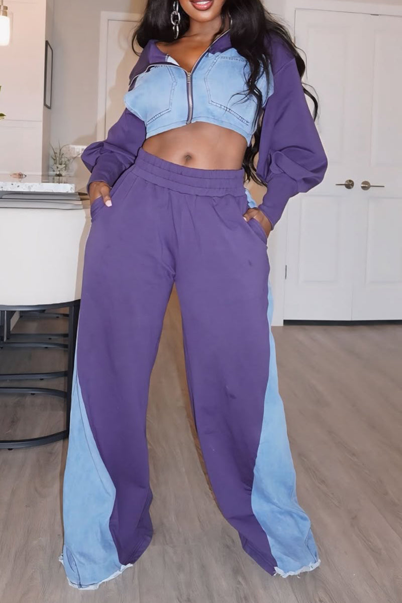 Ladies Collar Splicing Denim Casual Set