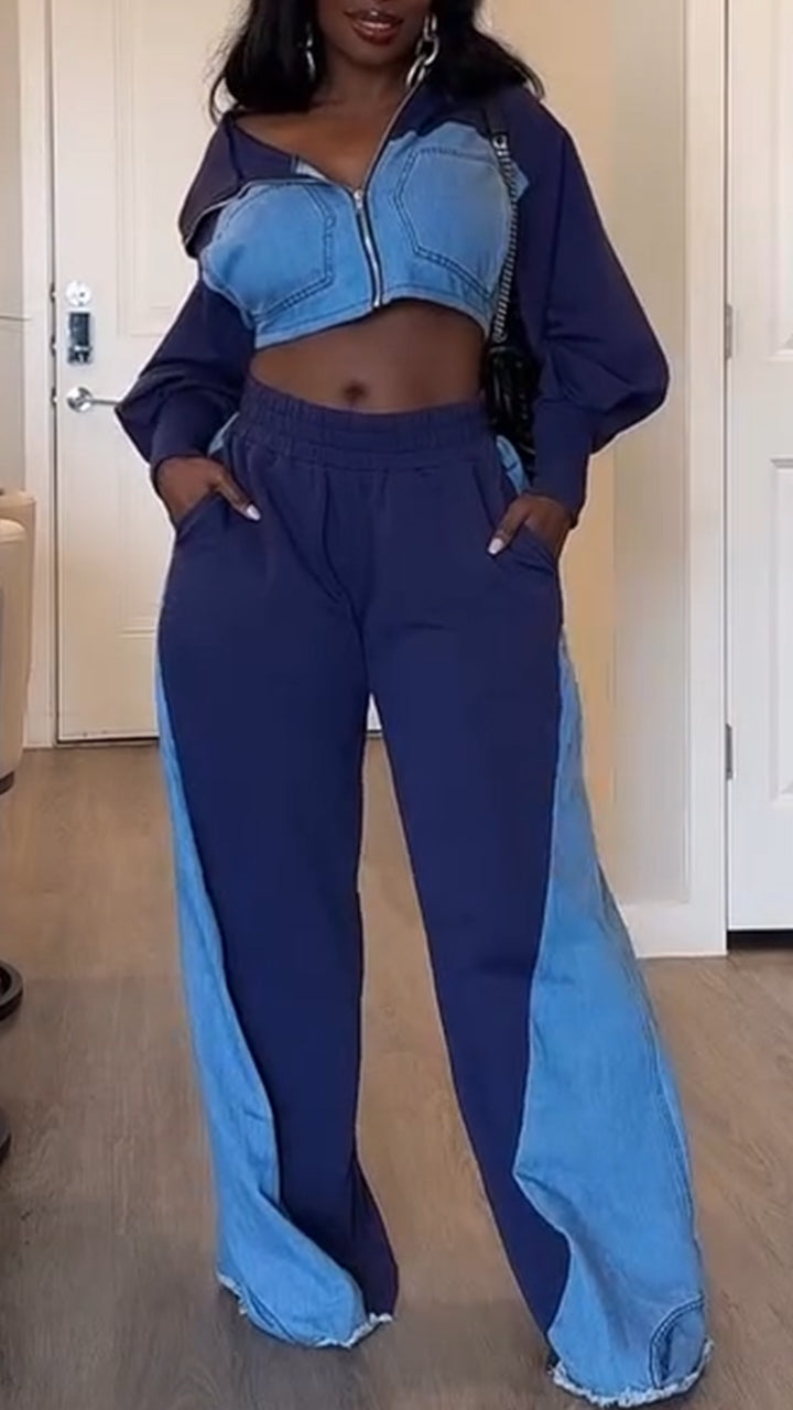 Ladies Collar Splicing Denim Casual Set