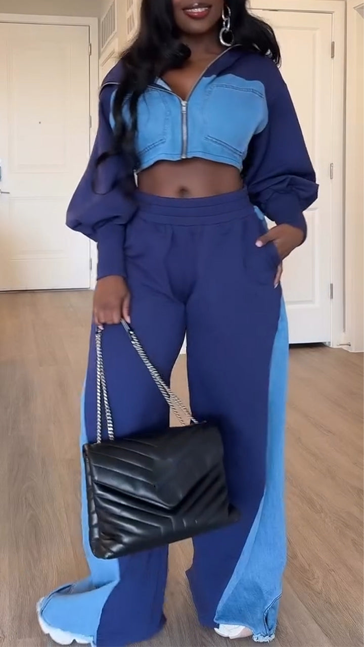 Ladies Collar Splicing Denim Casual Set