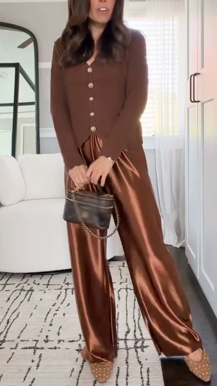 Women V-neck Button Knit Cardigan+ Pants Casual Set