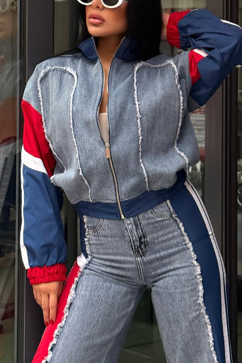 Ladies Stand Collar Contrasting Splicing Denim Jacket+ Pants Casual Set