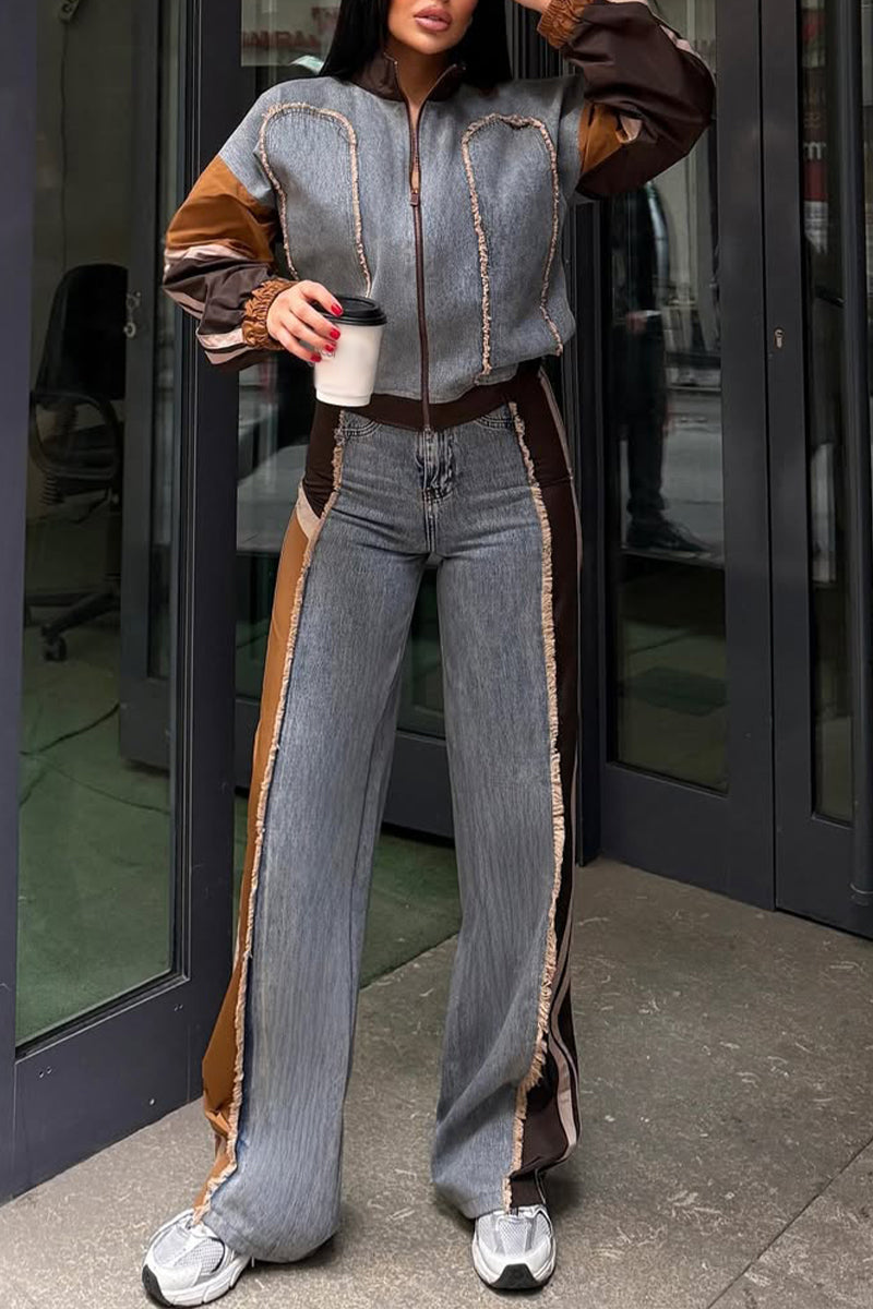 Ladies Stand Collar Contrasting Splicing Denim Jacket+ Pants Casual Set