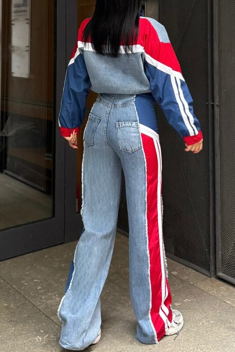 Ladies Stand Collar Contrasting Splicing Denim Jacket+ Pants Casual Set