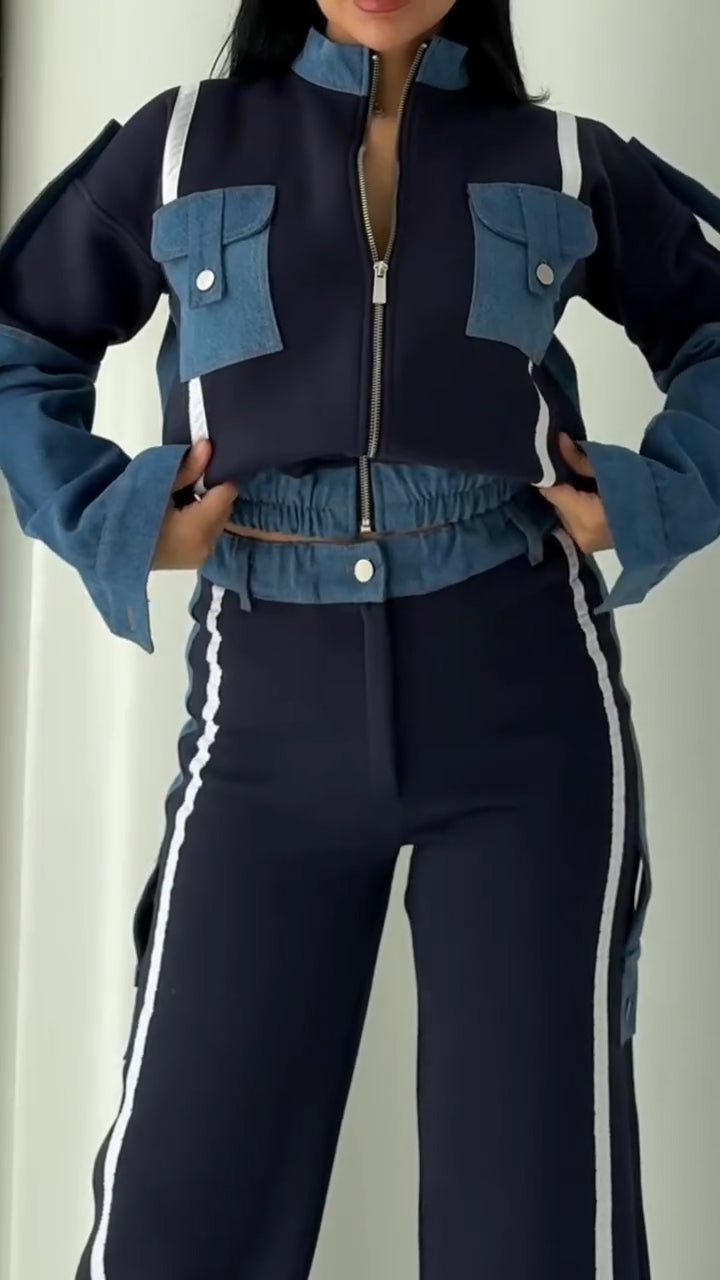 Ladies Stand Collar Contrasting Splicing Denim Jacket+ Pants Casual Set