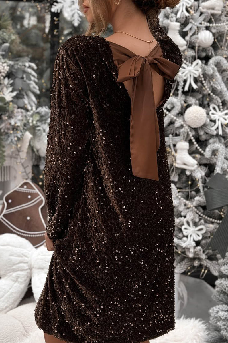 Ladies Round Neck Sequined Back Bow Tie with A Casual Christmas Atmosphere Dress