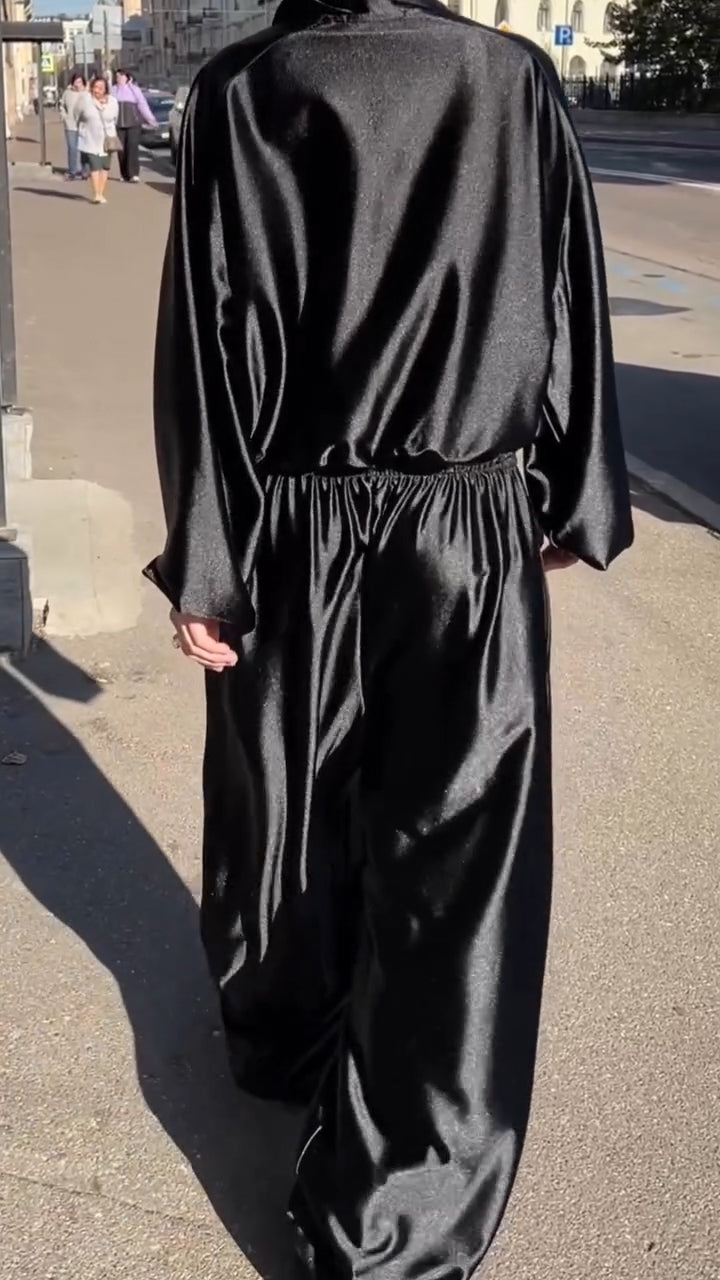 Ladies Collar Shiny Jacket+ Pants Casual Set