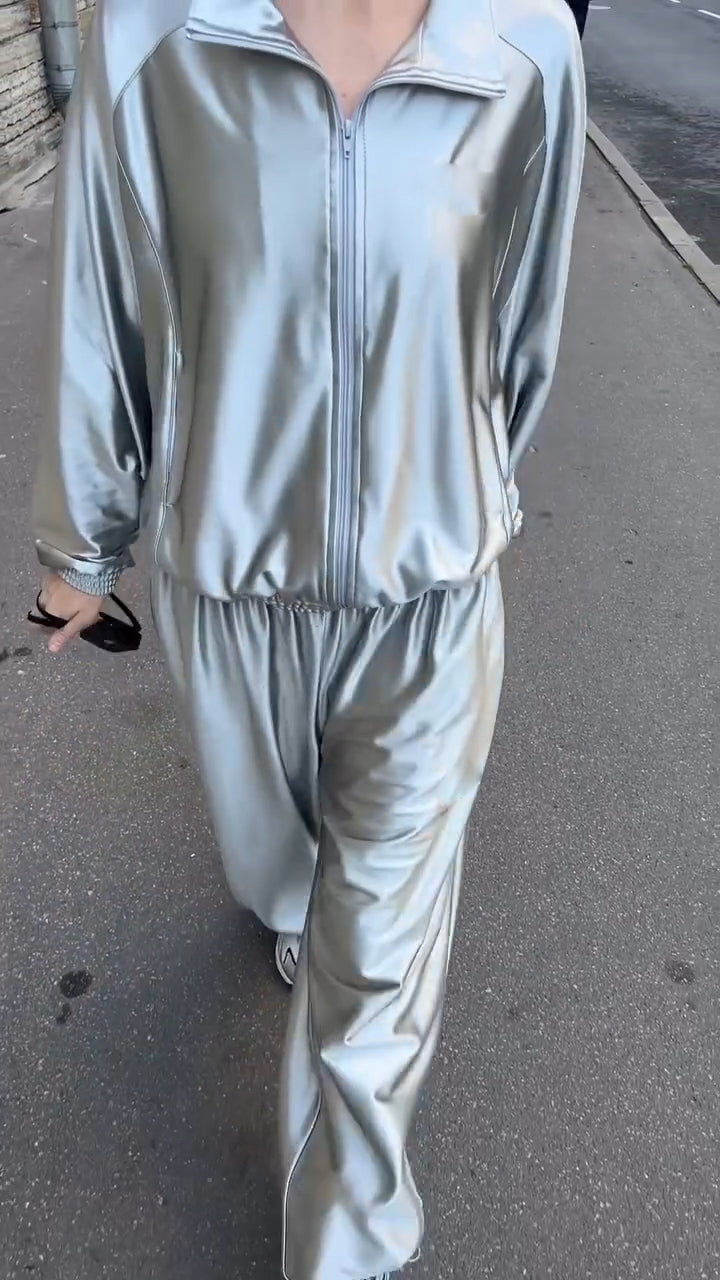 Ladies Collar Shiny Jacket+ Pants Casual Set