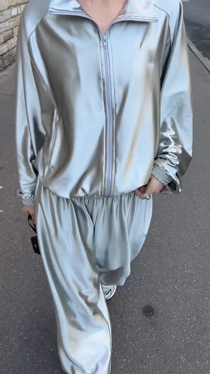 Ladies Collar Shiny Jacket+ Pants Casual Set