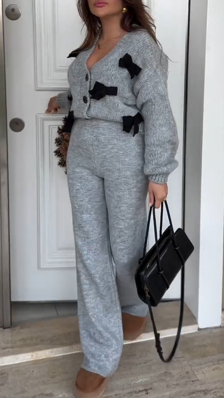 Ladies 3D Butterfly Bow Cardigan+Pants Casual Knitted Set