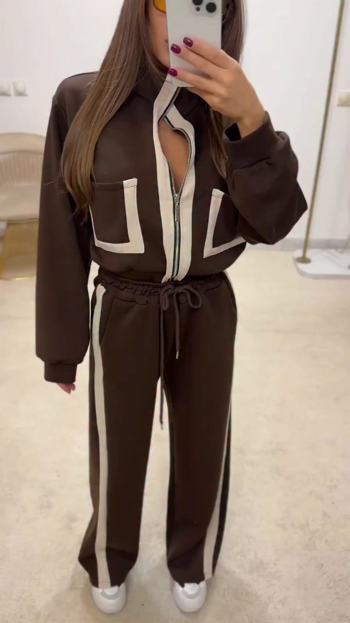 Women Stand Collar Jacket+ Drawstring Pants Casual Set