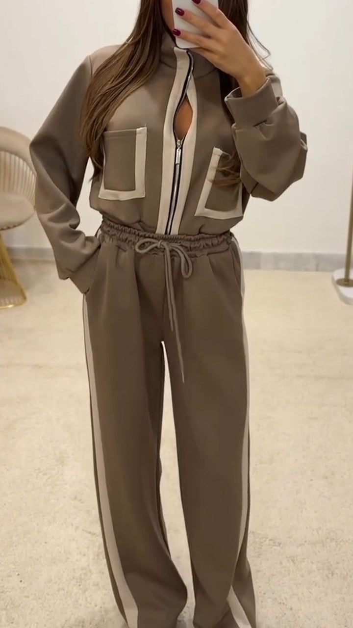 Women Stand Collar Jacket+ Drawstring Pants Casual Set