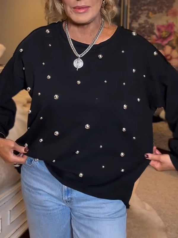 Women Round Neck Metal Rivet Decoration Casual Top