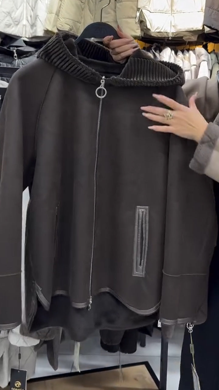 Women Hooded Patchwork Knitted Inner Plush Casual Coat