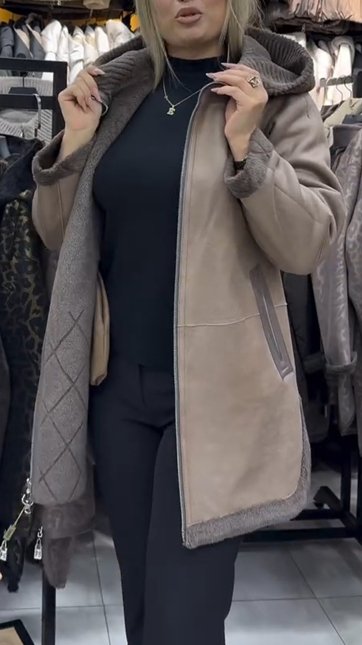 Women Hooded Patchwork Knitted Inner Plush Casual Coat