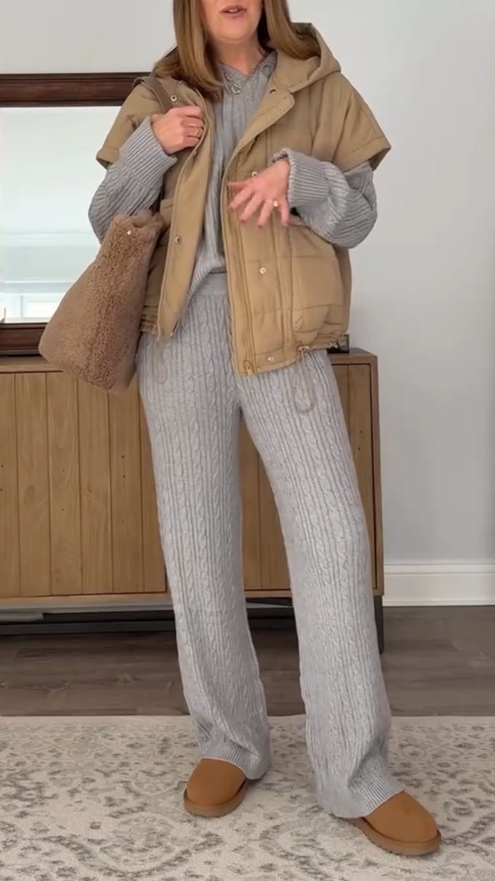 Women Round Neck Hooded Top+ Trousers Solid Casual Knitting Suit