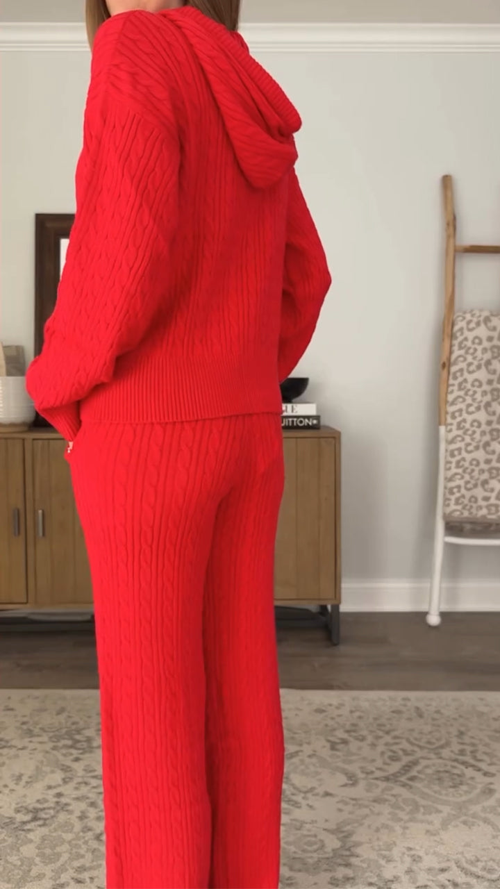 Women Round Neck Hooded Top+ Trousers Solid Casual Knitting Suit