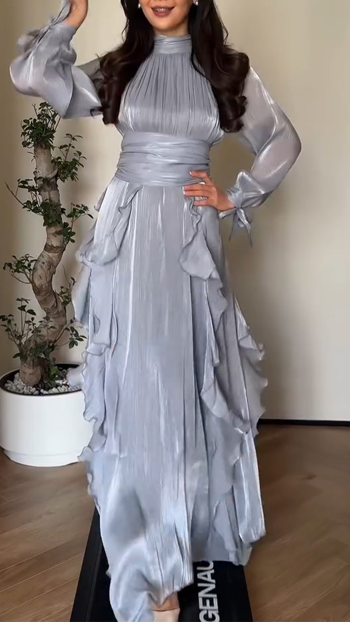 Women Round Neck Waist Cinching Irregular Stitching Elegant Temperament Dinner Party Dress