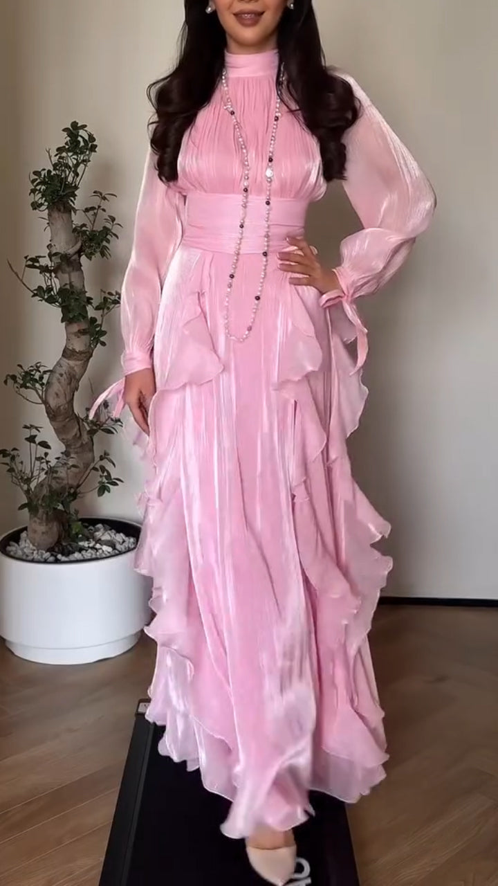 Women Round Neck Waist Cinching Irregular Stitching Elegant Temperament Dinner Party Dress