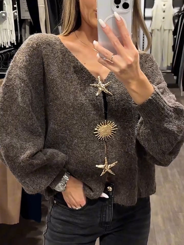 Women V-neck Starfish Metal Buckle Decoration Casual Knitted Cardigan