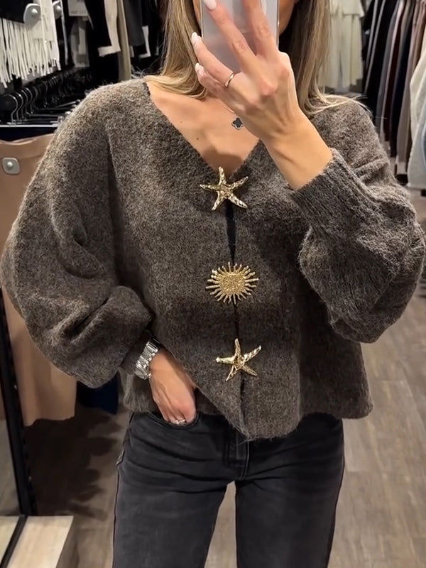 Women V-neck Starfish Metal Buckle Decoration Casual Knitted Cardigan