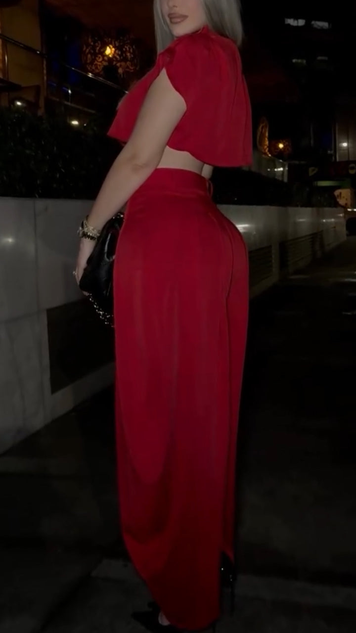 Women Stand Collar Top+ High Waisted Pants Temperament Casual Suit