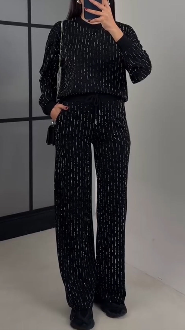 Women Round Neck Rhinestone Stamping Casual Suit