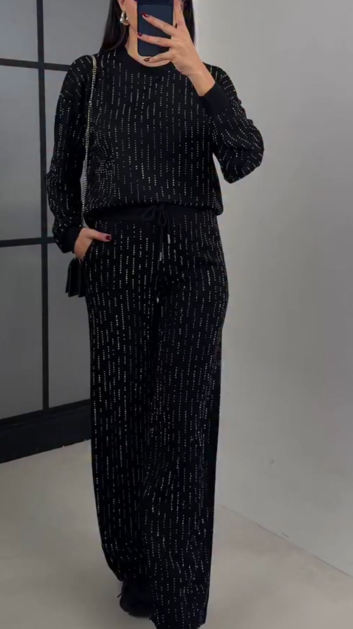 Women Round Neck Rhinestone Stamping Casual Suit