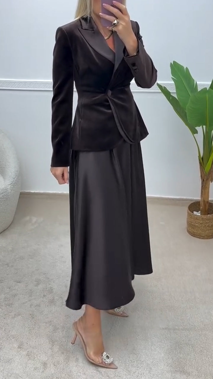 Women Collar Jacket+ Skirt Velvet Temperament Commuting Set