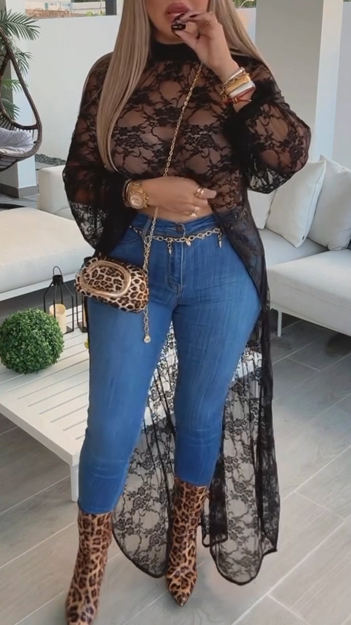 Women Round Neck Printed Irregular Transparent Long Top