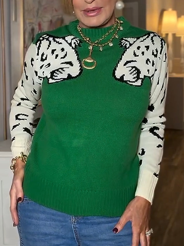 Women Round Neck Knitted Animal Print Casual Top