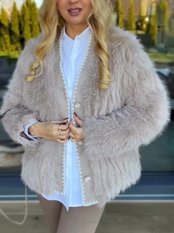 Women Buckle Splicing Casual Plush Coat