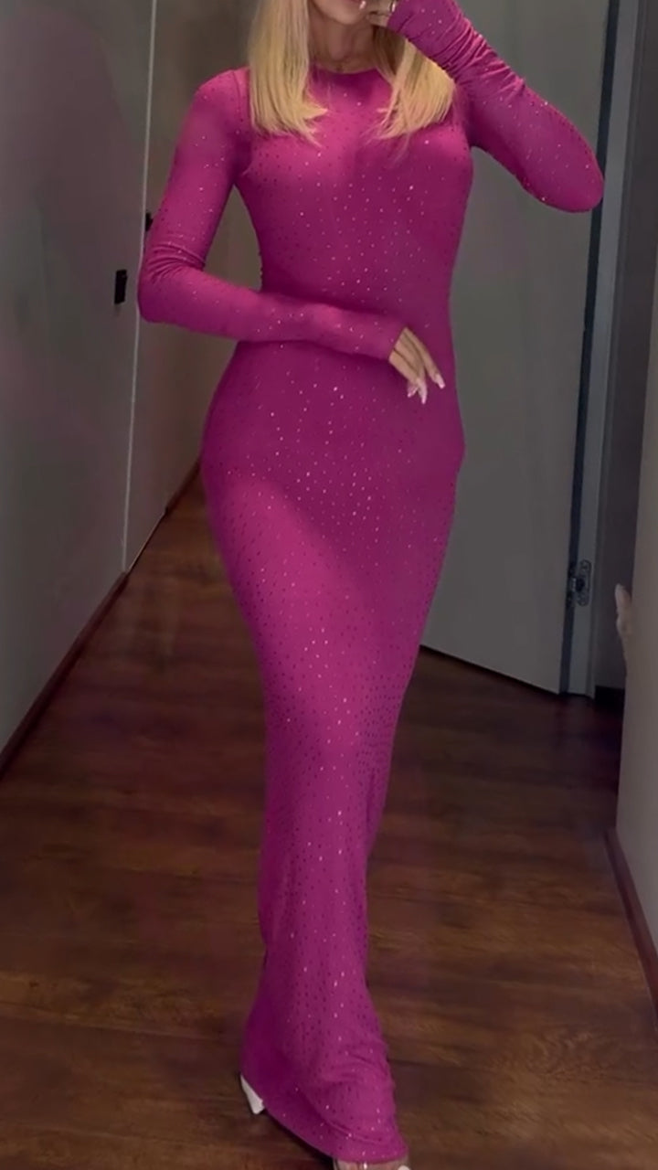 Women Round Neck Rhinestone Solid Color Slim Casual Dress