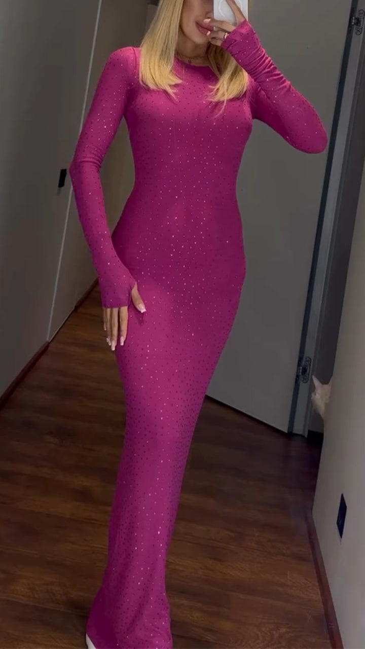 Women Round Neck Rhinestone Solid Color Slim Casual Dress