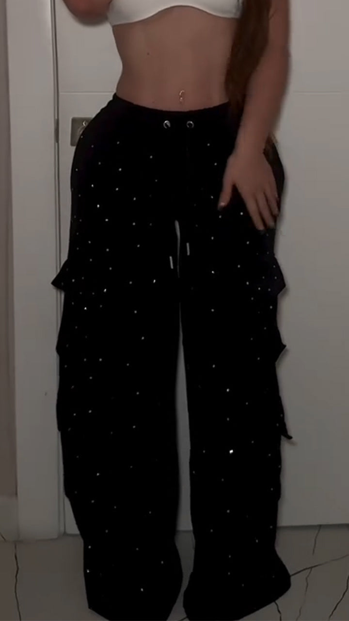 Women Drawstring Patchwork Pocket Rhinestone Casual Pants