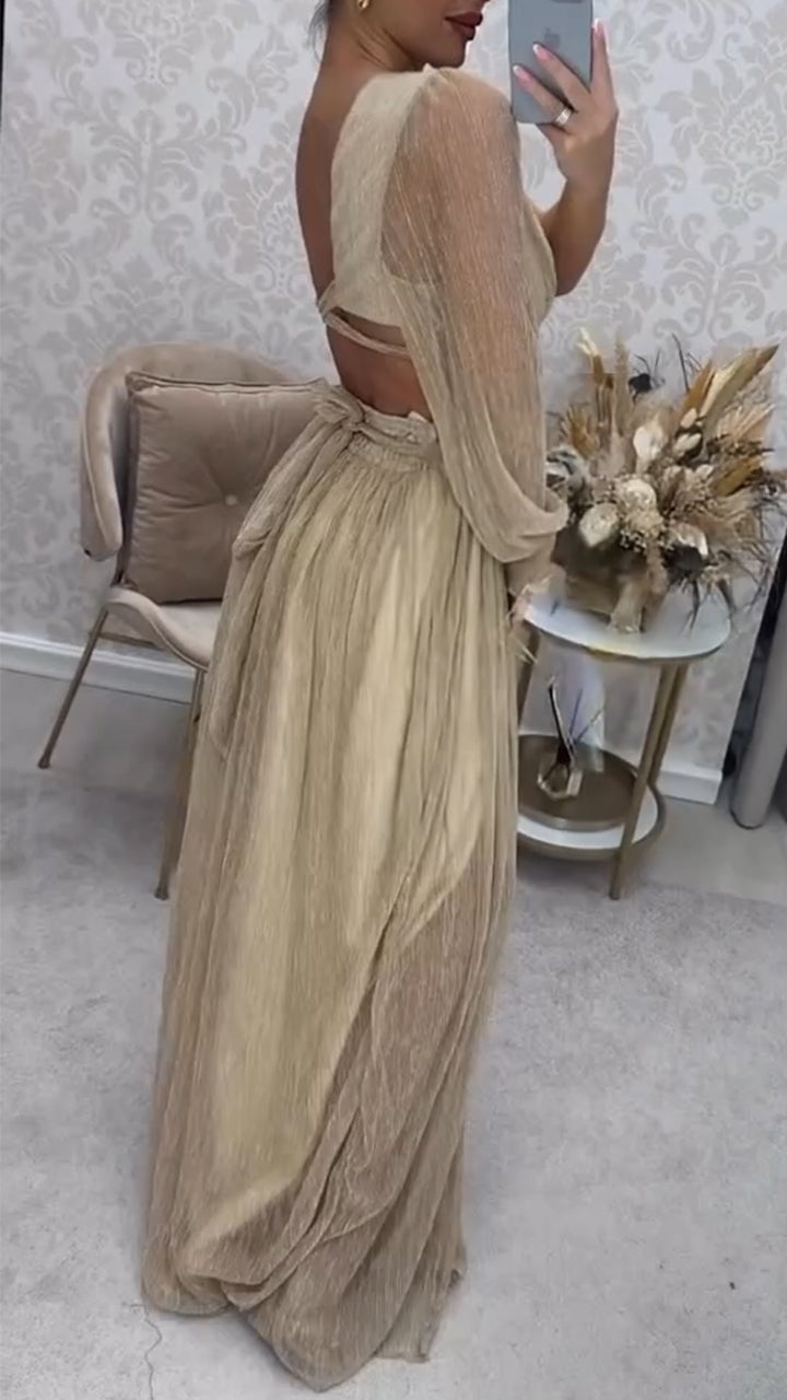 Women Slanted Collar Waist Cinched Slit and Elegant Temperament Evening Party Dress