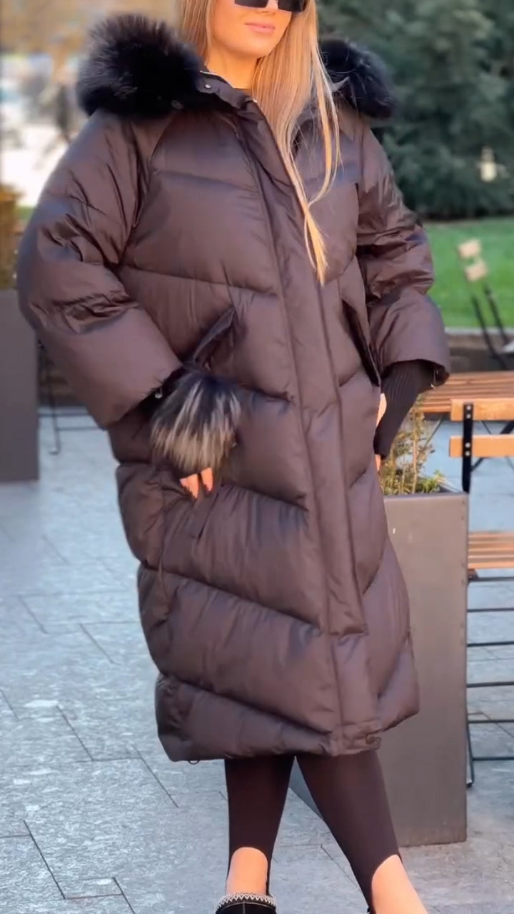 Women Hooded Plush Patchwork Knitted Sleeves Casual Long Cotton Jacket