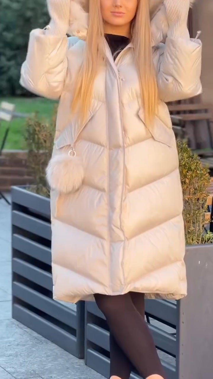 Women Hooded Plush Patchwork Knitted Sleeves Casual Long Cotton Jacket