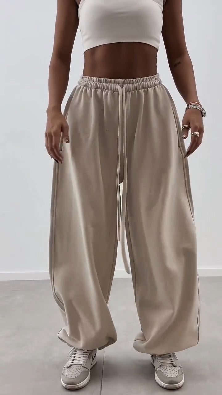Women Drawstring Solid Color Sports Casual Wide Leg Pants