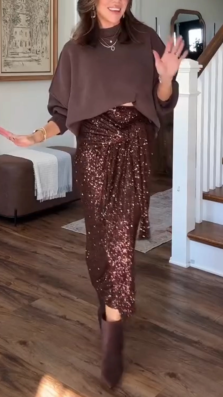 Women Round Neck Knitted Sweater+ Sequined Skirt Elegant Casual Set