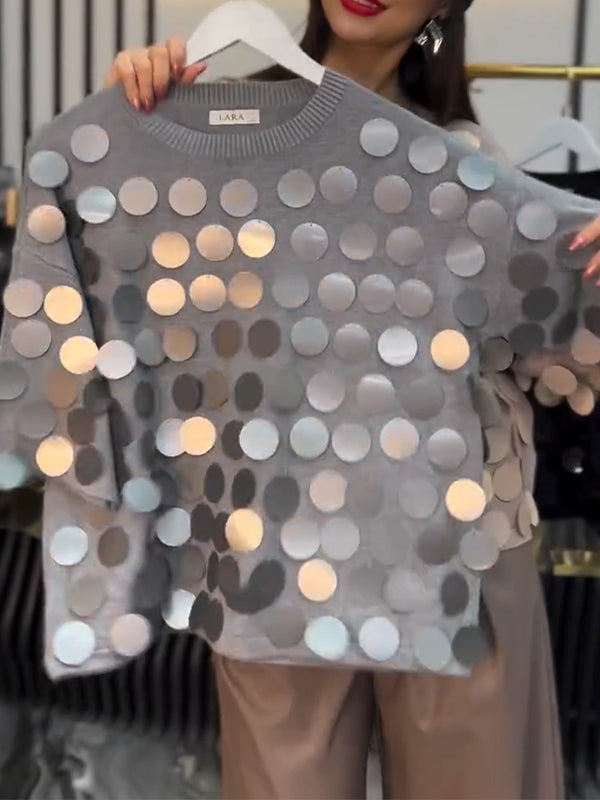 Women Round Neck Sequined Decorative Casual Top