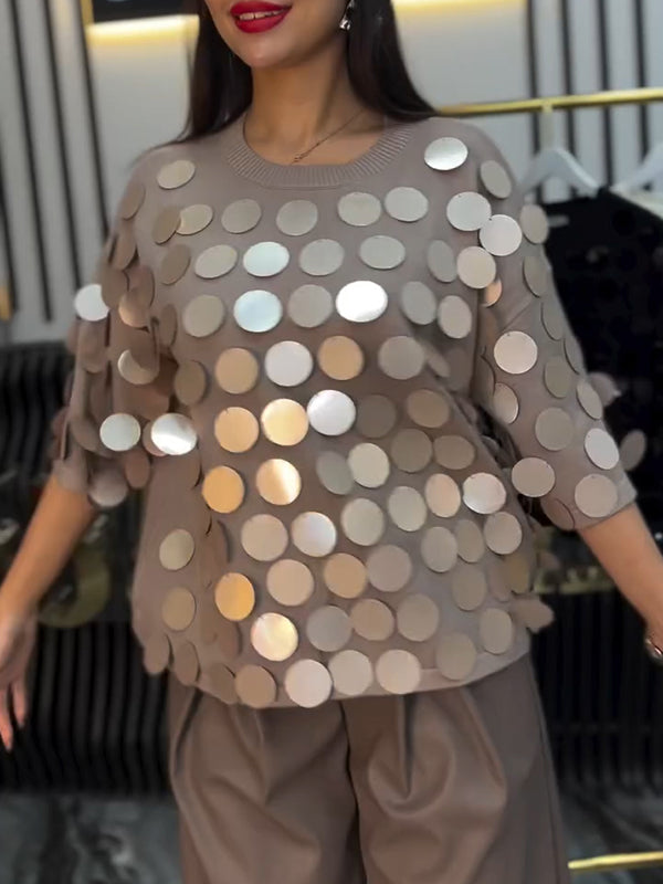 Women Round Neck Sequined Decorative Casual Top