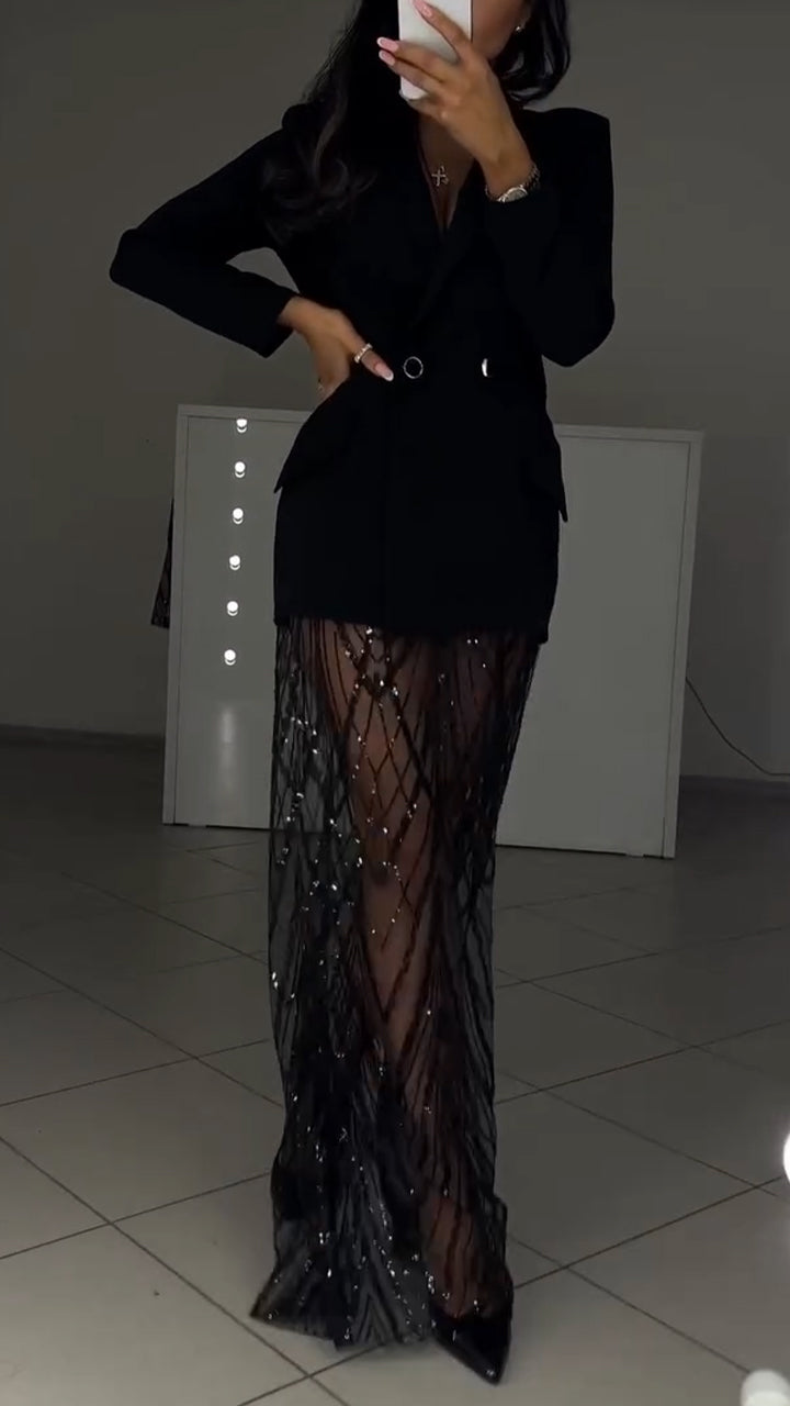 Women Collar Jacket+ Patchwork Skirt Casual Set with Temperament