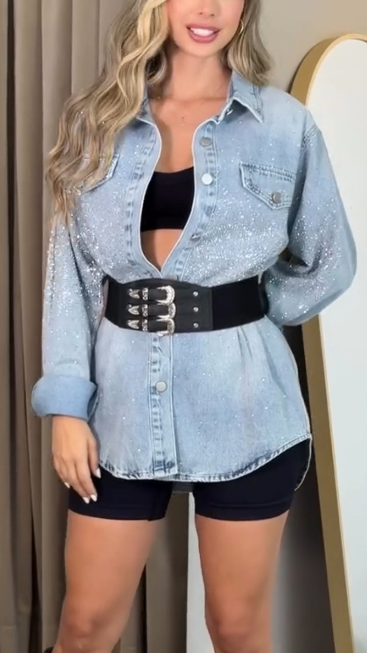 Women Flip Collar Breasted Casual Denim Jacket
