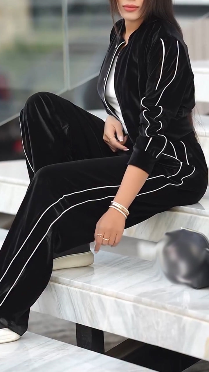 Women Round Neck Vertical Stripe Jacket+ Pants Casual Suit