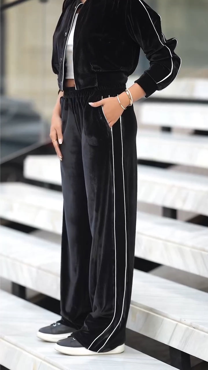 Women Round Neck Vertical Stripe Jacket+ Pants Casual Suit