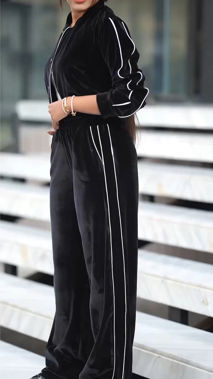 Women Round Neck Vertical Stripe Jacket+ Pants Casual Suit