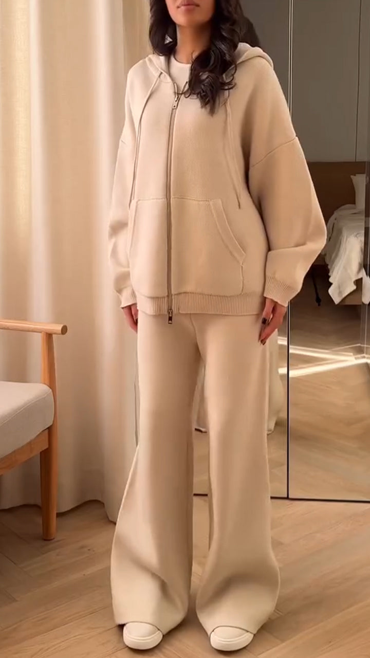 Women Hooded Drawstring Jacket+ Pants Casual Set