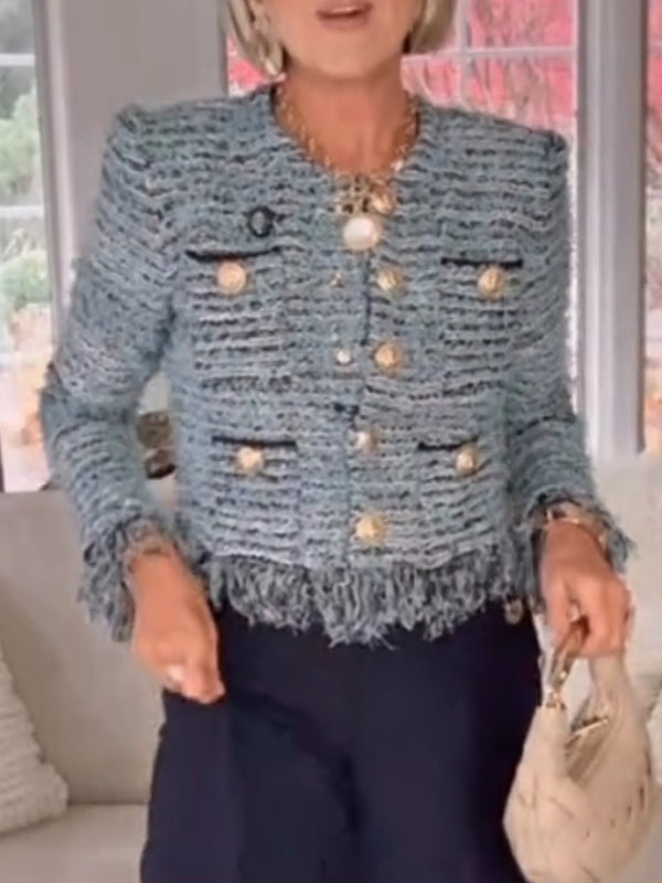 Women Round Neck Double Breasted Patchwork Tassel Temperament Casual Jacket