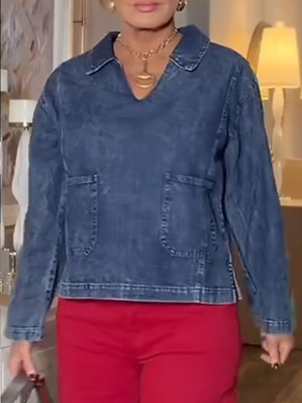 Women Collar Vertical Stripe Casual Denim Top